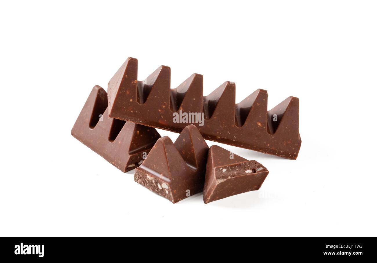 Iconic Triangular Swiss Milk Chocolate Pieces Isolated on White Background Stock Photo