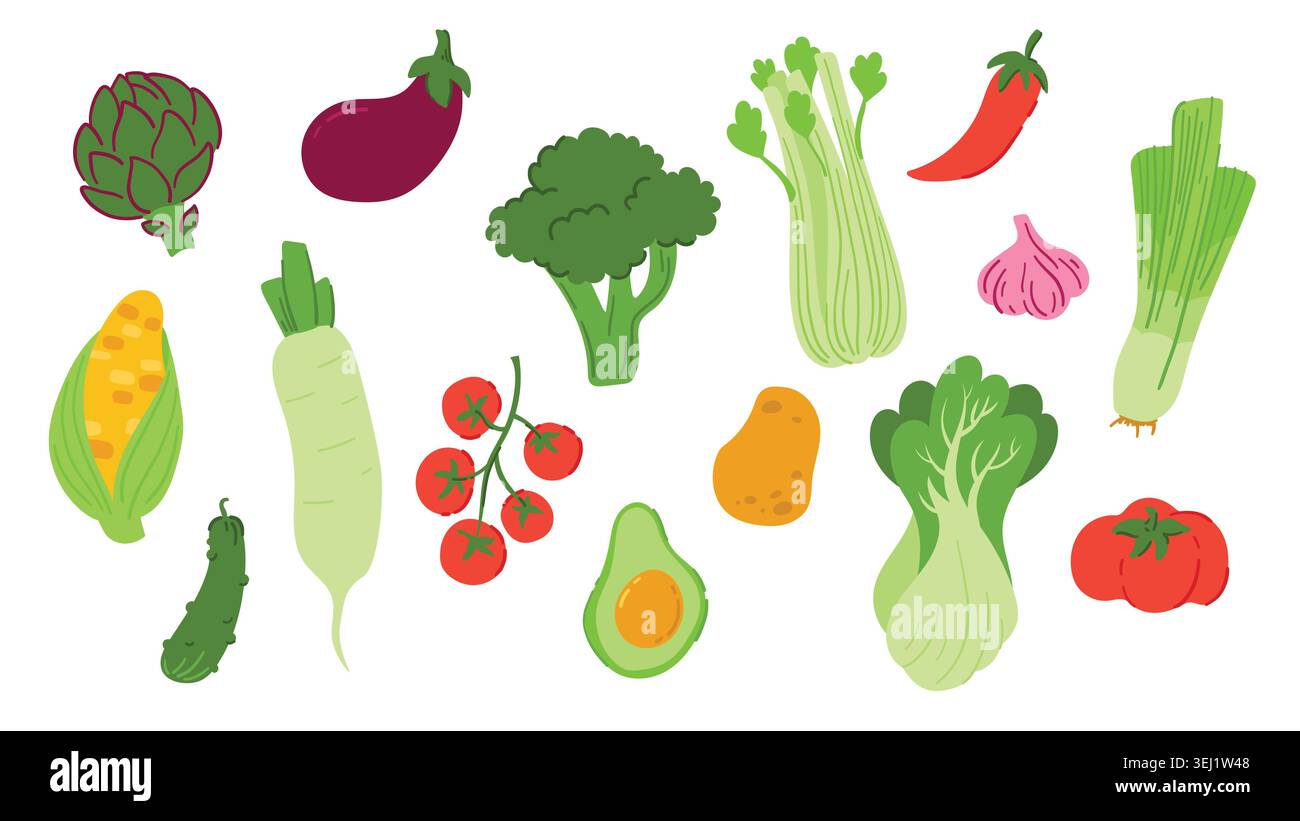 Set of hand drawn ripe vegetables isolated on white background. Broccoli, eggplant, celery, garlic, leek, tomato, corn, daikon, cucumber, avocado, bok choy, artichoke, pepper, potato Stock Vector