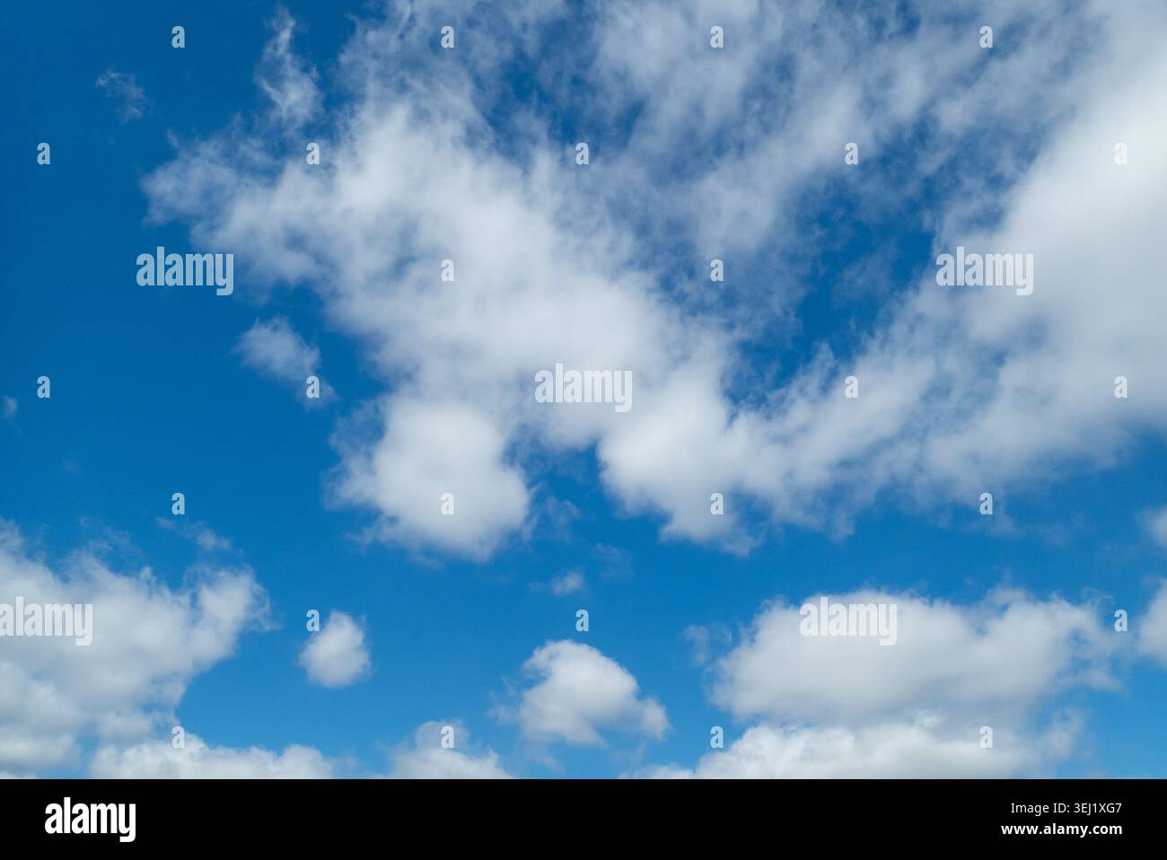 Fluffy white clouds drifting in a bright blue sky Stock Photo