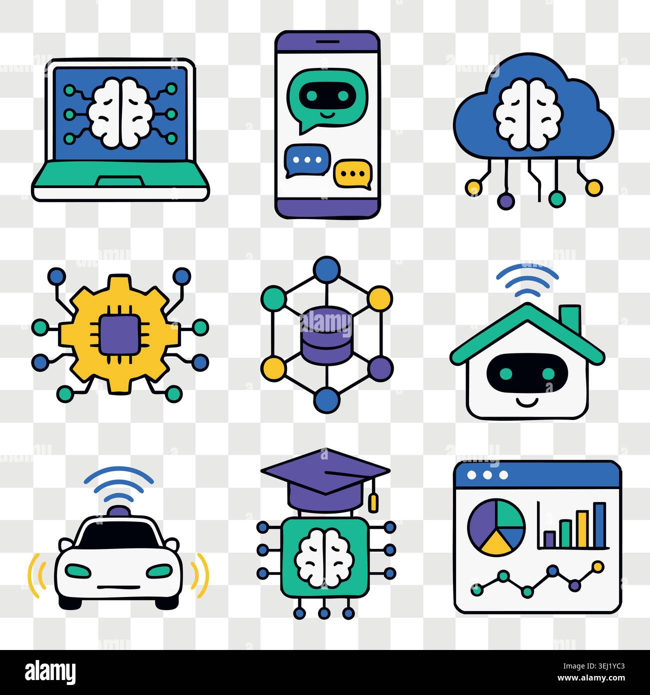 Futuristic ai technology and smart home icons set with autonomous cars, digital brains, neural networks and smart systems for modern internet of thing Stock Vector