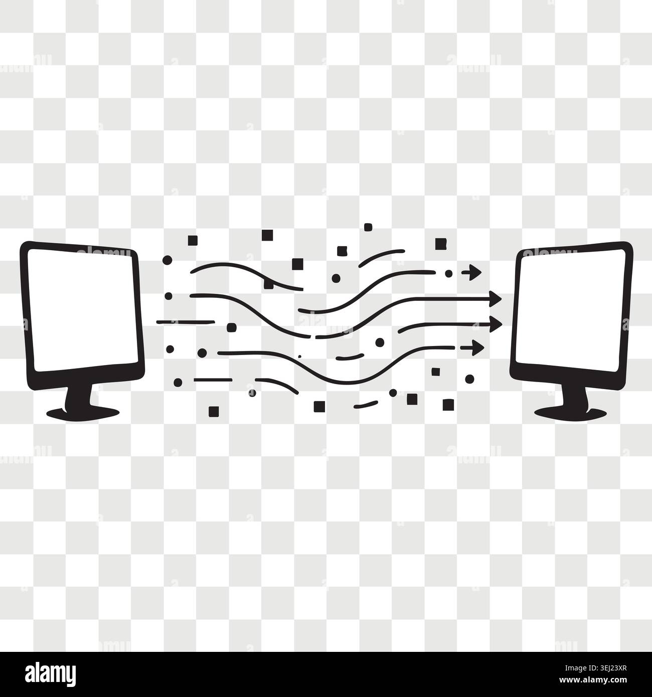 Wireless data transfer between two computer monitors showing information waves and particles streaming from one digital display screen to another Stock Vector