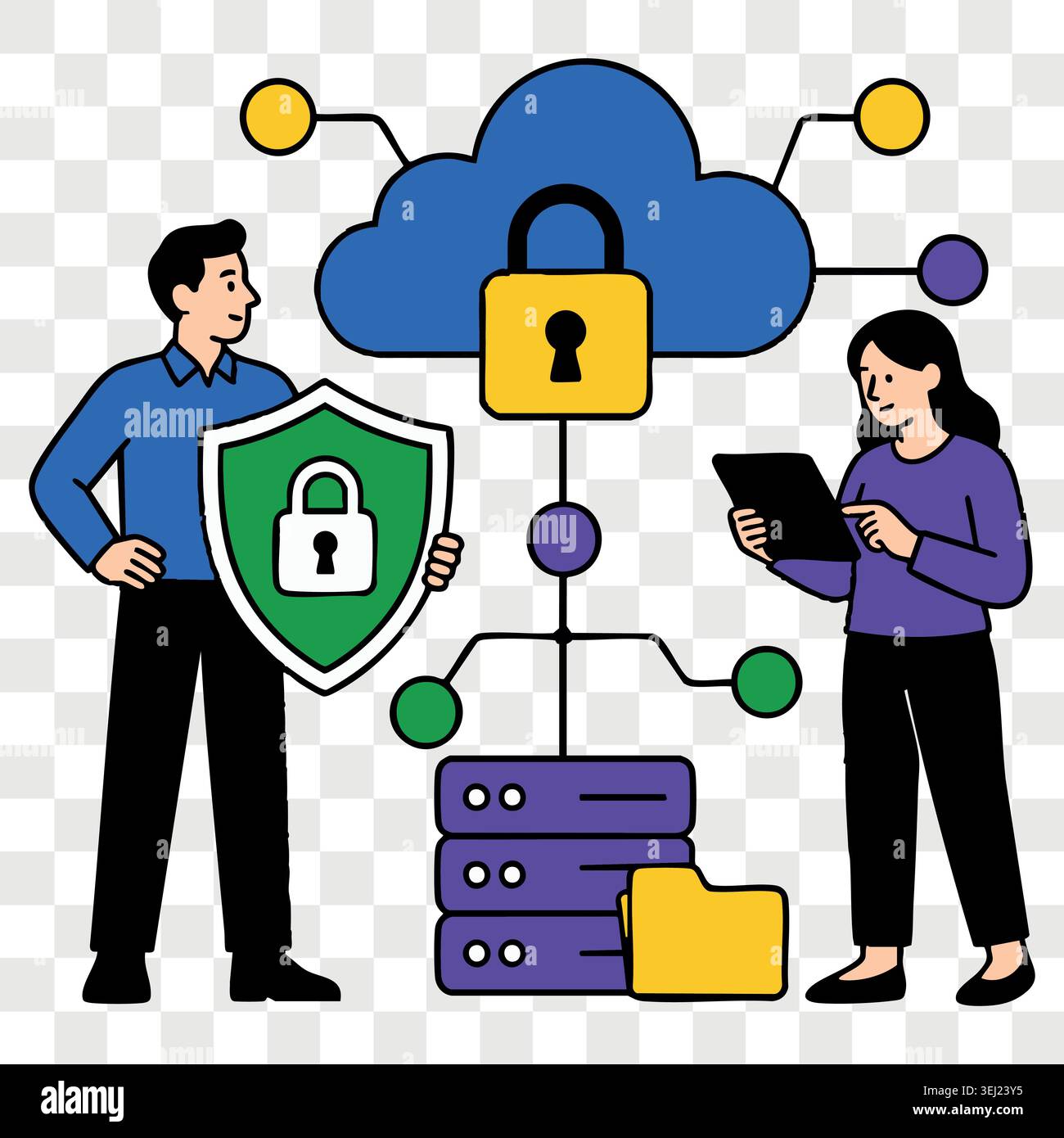 Cloud storage and database security concept with characters managing server data under a secure padlock icon and digital network connections Stock Vector