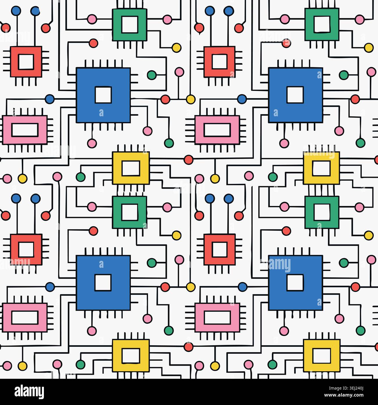 Seamless tech pattern with microchips and processors featuring square electronic components and colorful connection tracks on light background for har Stock Vector
