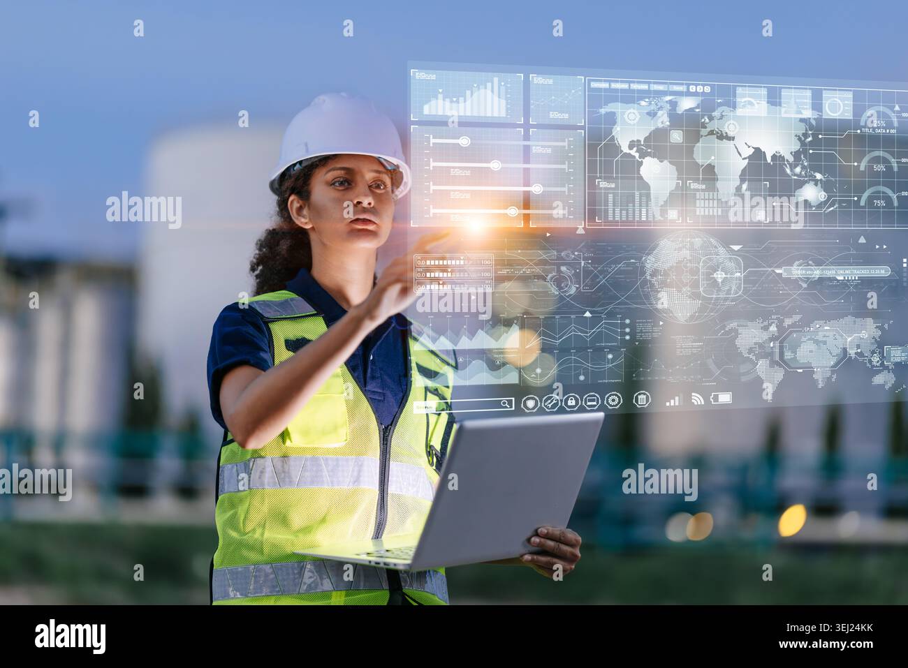 Professional Engineer Woman Working with Modern Visual Data Information Digital Technology by AI Computer Service Stock Photo