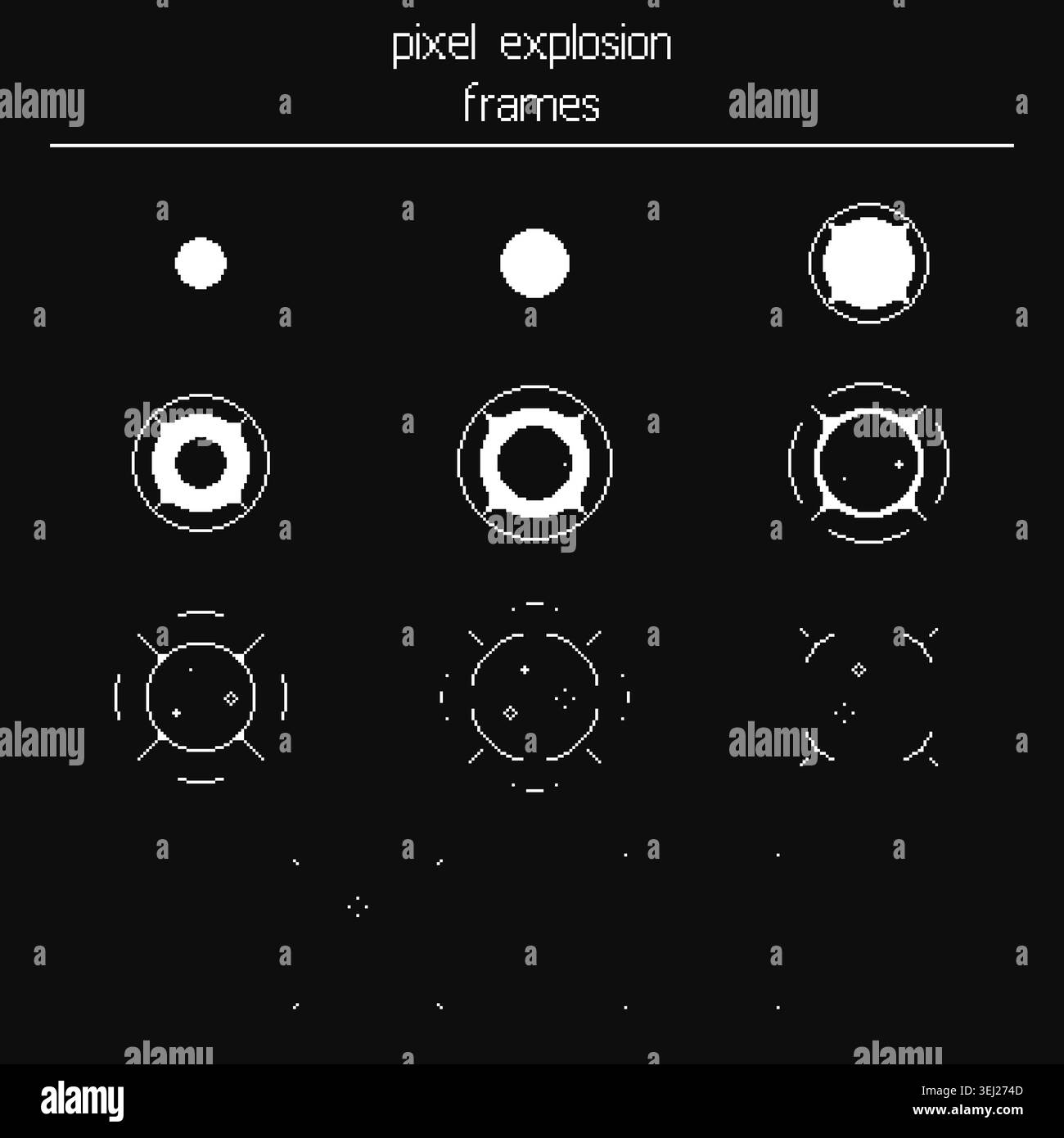 Monochrome Pixel Burst Animation Frames Set Stock Vector