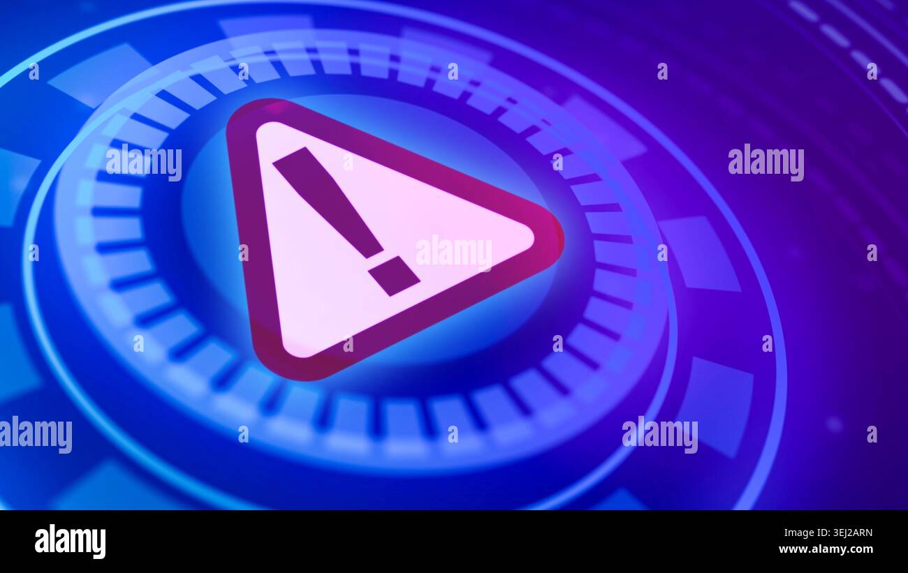 Futuristic digital interface displaying a warning caution symbol, representing cyber security, system alert, and error notification Stock Photo