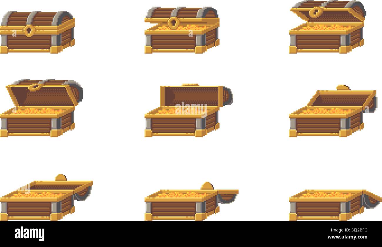 Pixel art treasure chest opening frame set Stock Vector