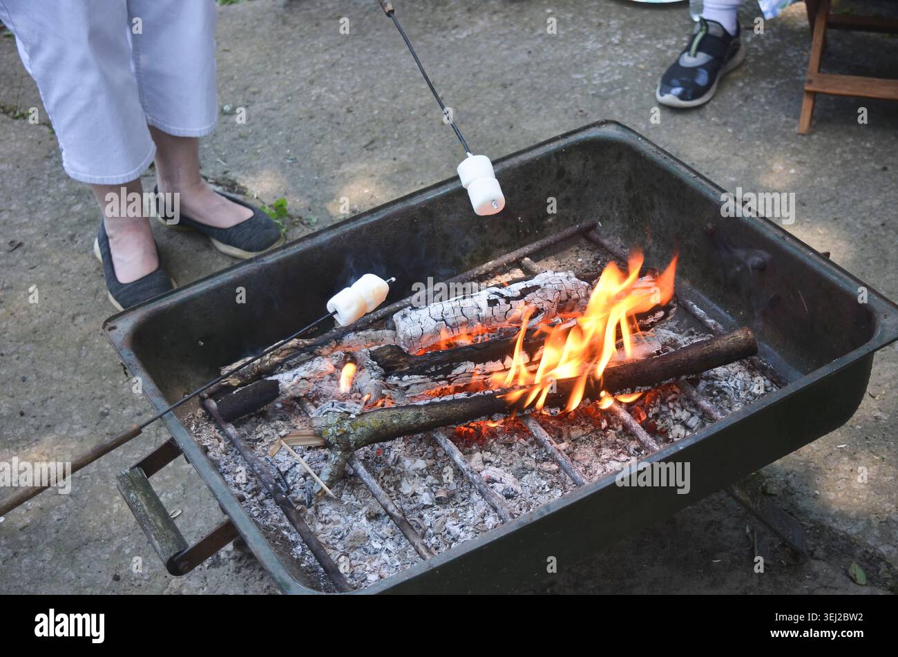 People roasting marshmallows over a fire pit Stock Photo