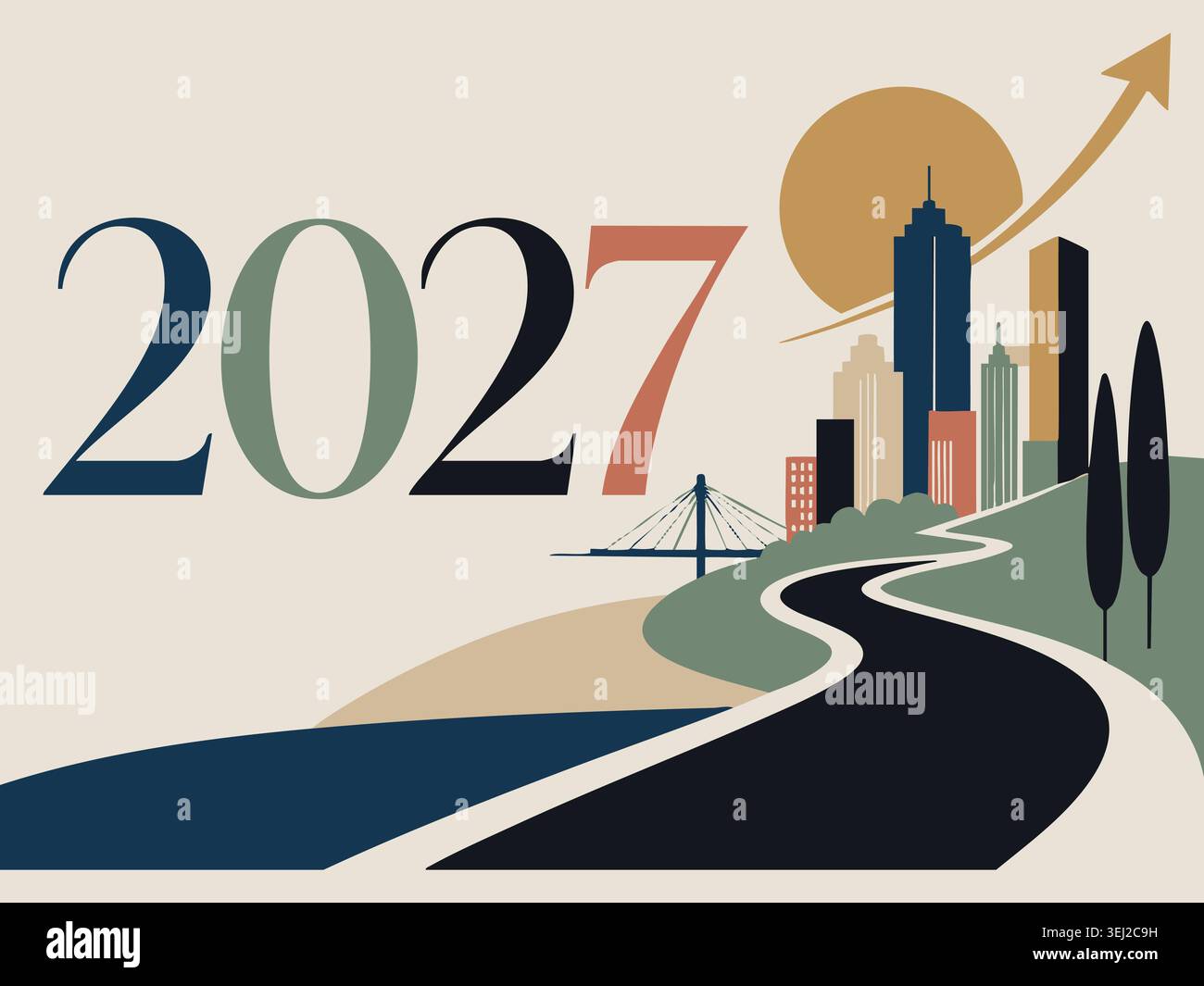 New year 2027 future path and city skyscrapers illustration showing a ...