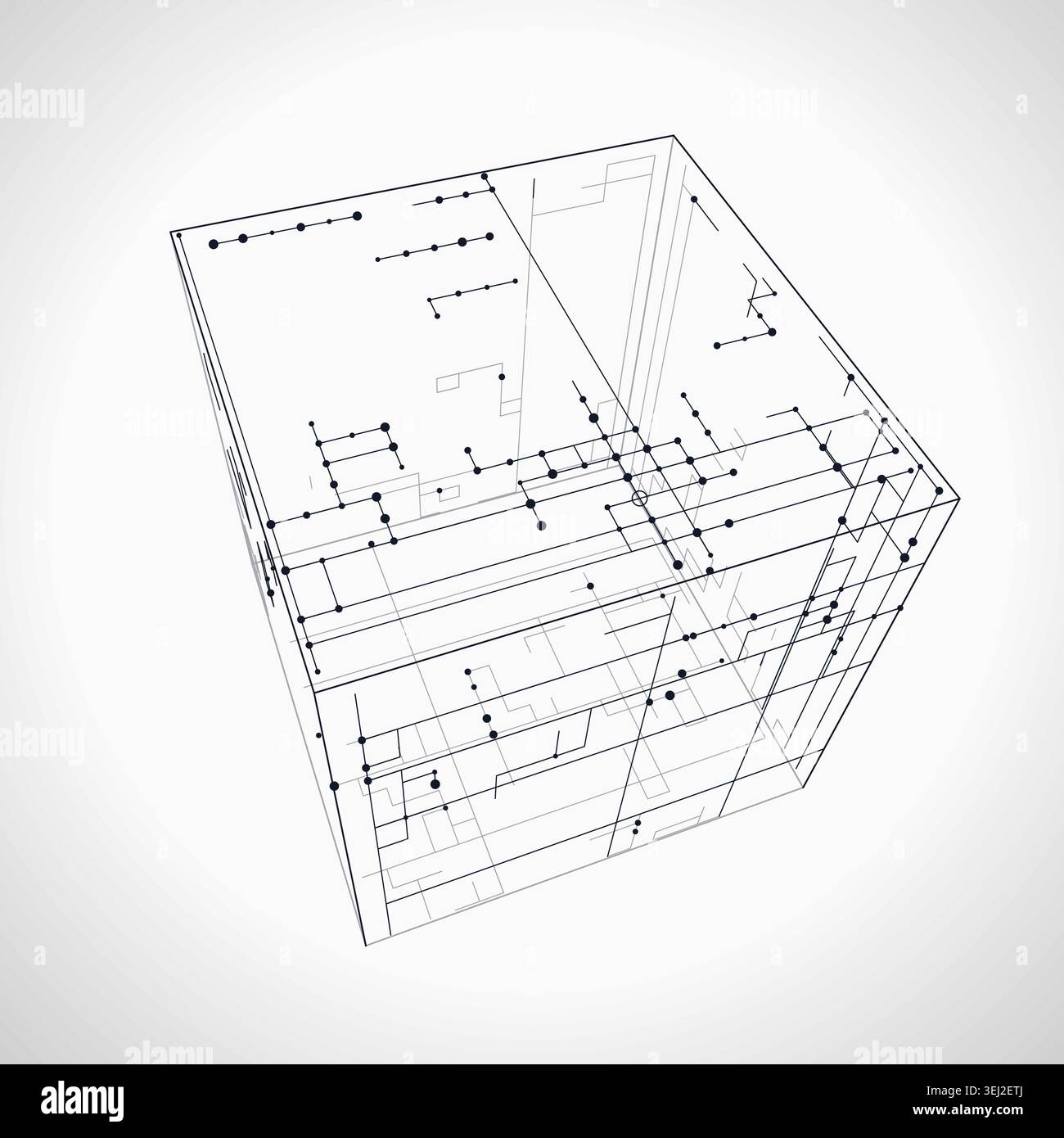Modern technology-inspired 3D wire cube with layered lines and connection points Stock Vector