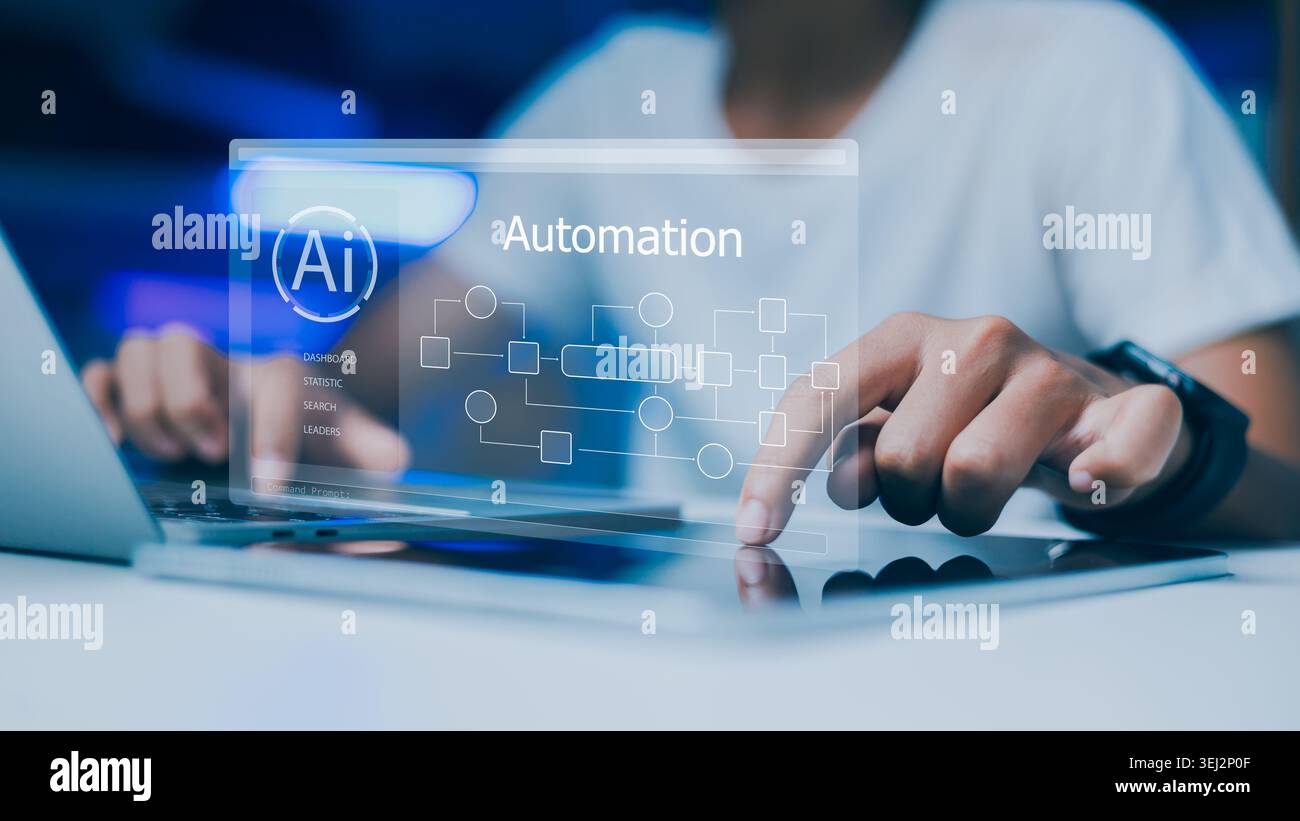 Professional developer working with AI automation system and workflow diagram on digital tablet. Concept of artificial intelligence, robotic process a Stock Photo