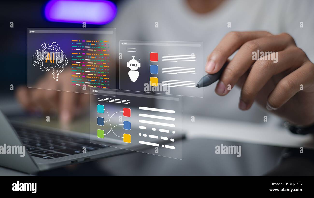 Professional programmer developing AI software and neural networks on laptop. Concept of artificial intelligence, machine learning, data science, and Stock Photo