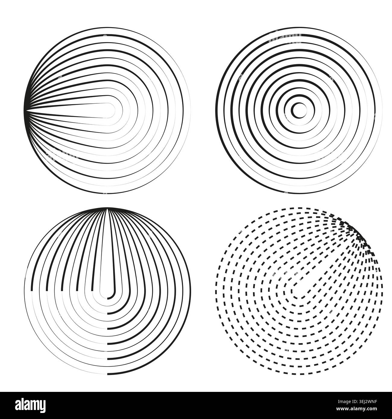 Monochrome geometric circle line art elements vector. Graphic supports technology branding and data visualization projects. EPS 10. Stock Vector