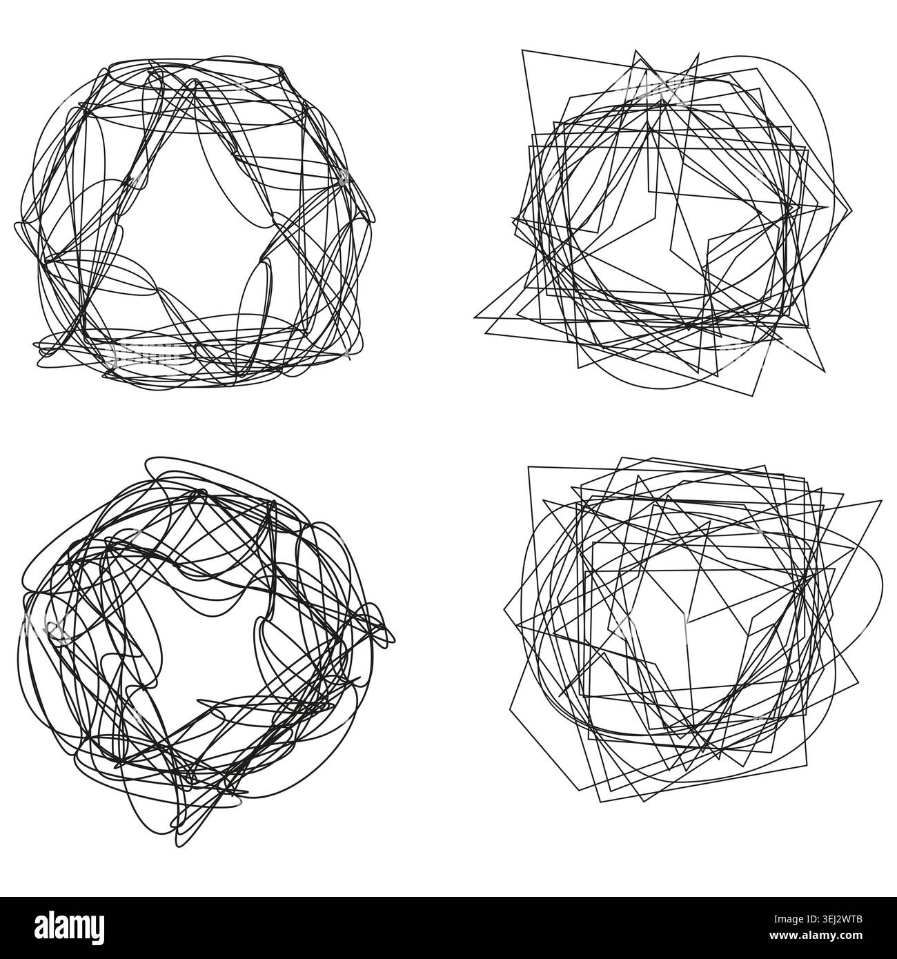 Set of chaotic tangled line shapes and scribbles vector. Graphic elements support data visualization and psychological concepts. Stock Vector