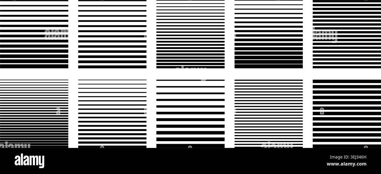 Gradient line patterns with halftone fade create dynamic striped backgrounds. Bold black and white transitions form abstract geometric vector textures Stock Vector