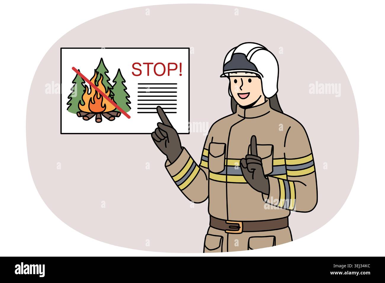 Man firefighter reminds of ban on lighting fires in forest, standing in work uniform and helmet. Professional firefighter smiles agitating not to start fires in parks while walking. Stock Vector