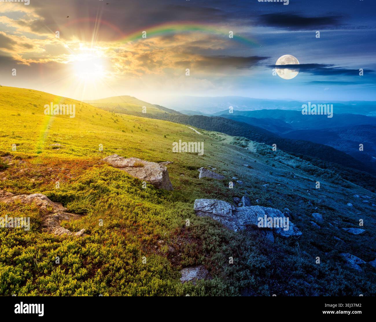 day meet night. mountain summer time landscape. sun and moon over meadow with giant stones among the grass on the hillside. epic view near the peak of Stock Photo