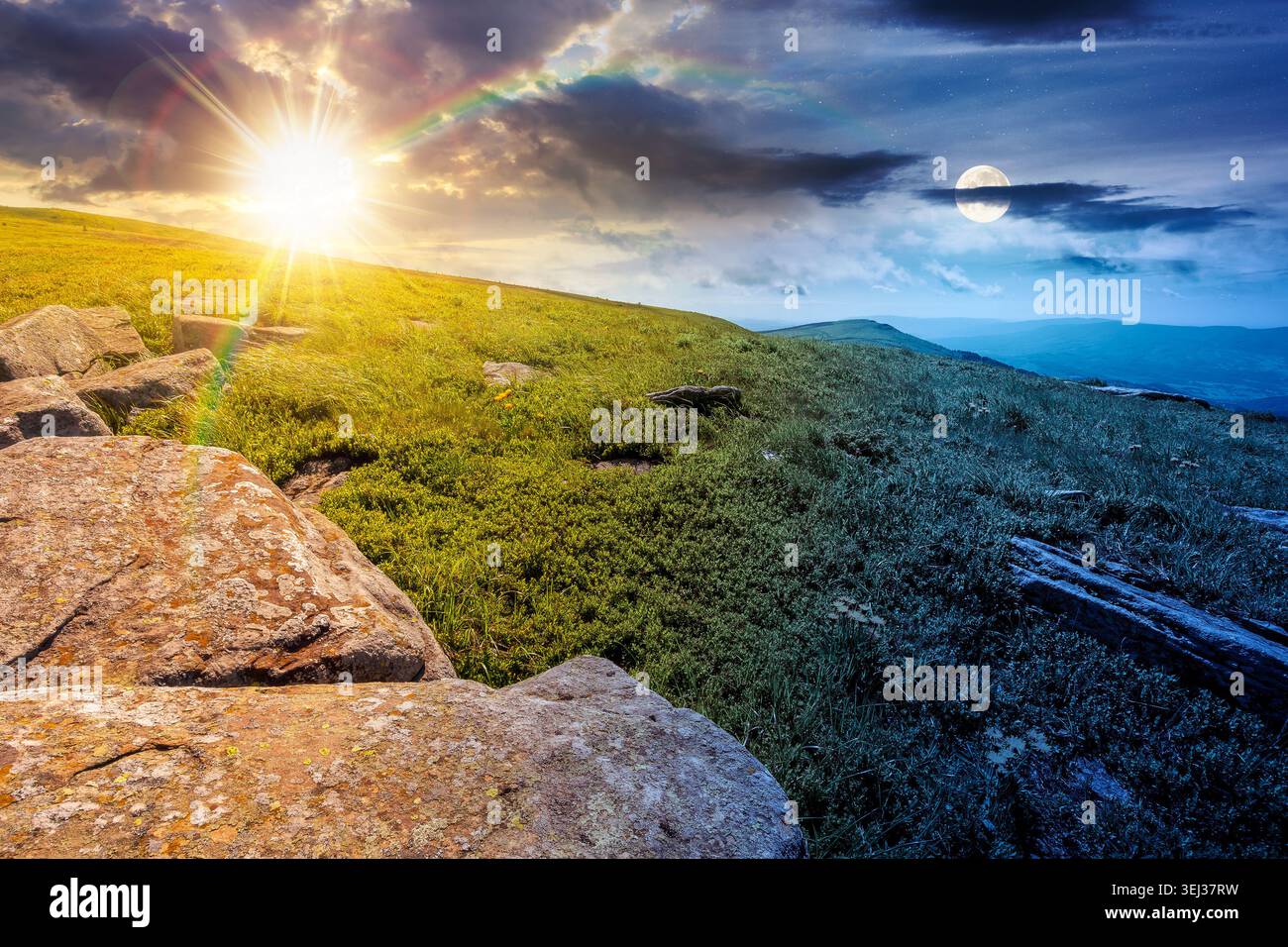 carpathian mountain landscape on summer solstice. day meet night. nice view of a grassy alpine meadow. sun and moon harmony over rock and herbs on the Stock Photo