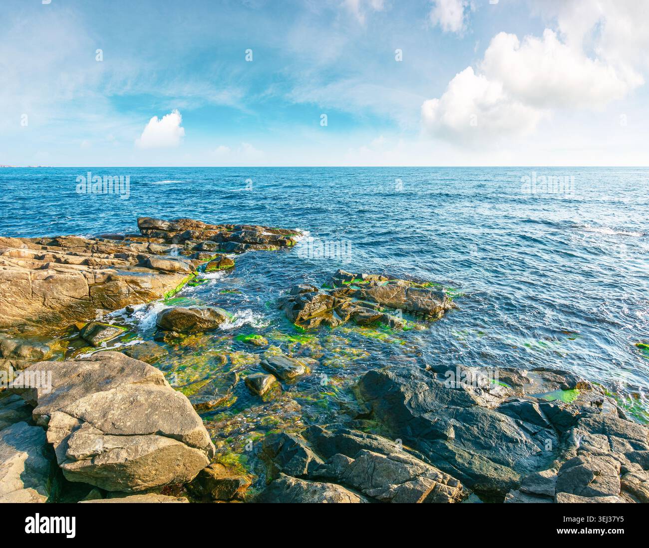 sea coast with stones and boulders in the forenoon. view of beach with rock in seaweed. dynamic cloudscape on the sky over horizon. summer vacations b Stock Photo