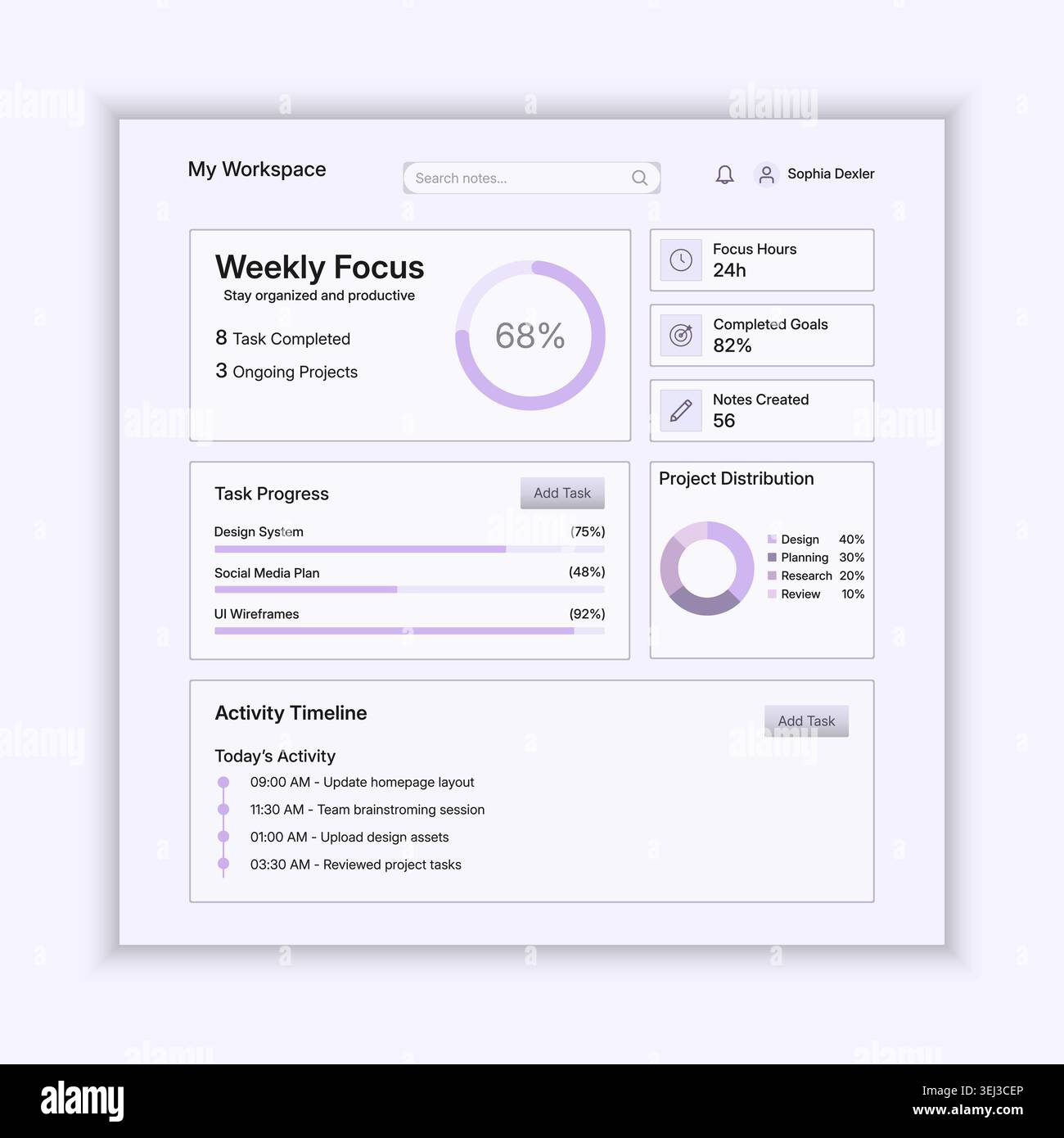 Modern pastel violet workspace dashboard interface featuring weekly focus analytics, task progress tracking, project distribution charts, focus hour s Stock Vector