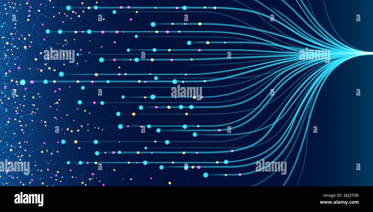 Abstract ai data flow vector background. Neon glowing blue stream, neural networks algorithm, big data analysis model and digital technology concepts with dynamic line patterns and connected particles Stock Vector