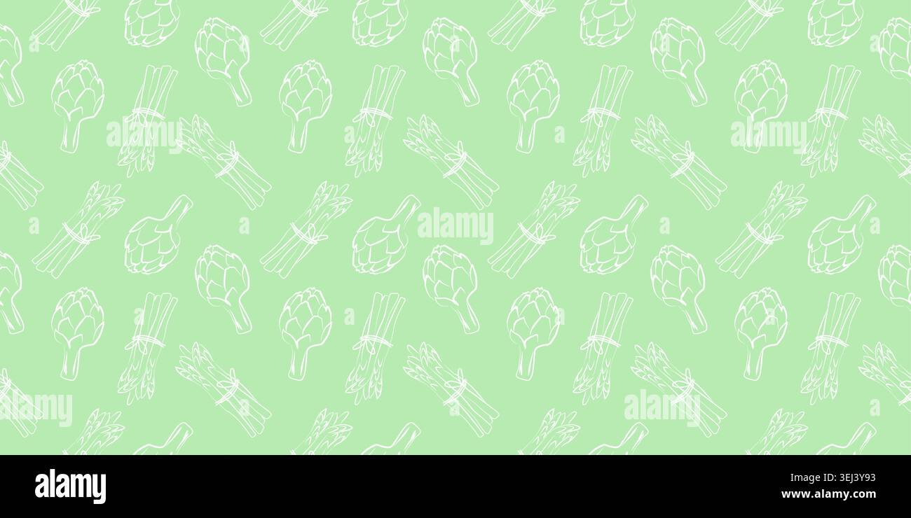Doodle seamless pattern with asparagus and artichoke. Stock Vector
