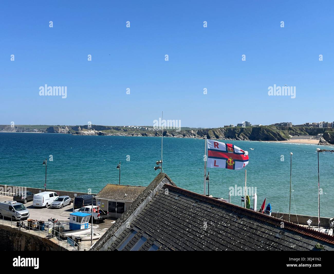 View from the Harbour looking across the sea at Newquay, Cornwall, England, UK. - Smartphone Captured Stock Image
