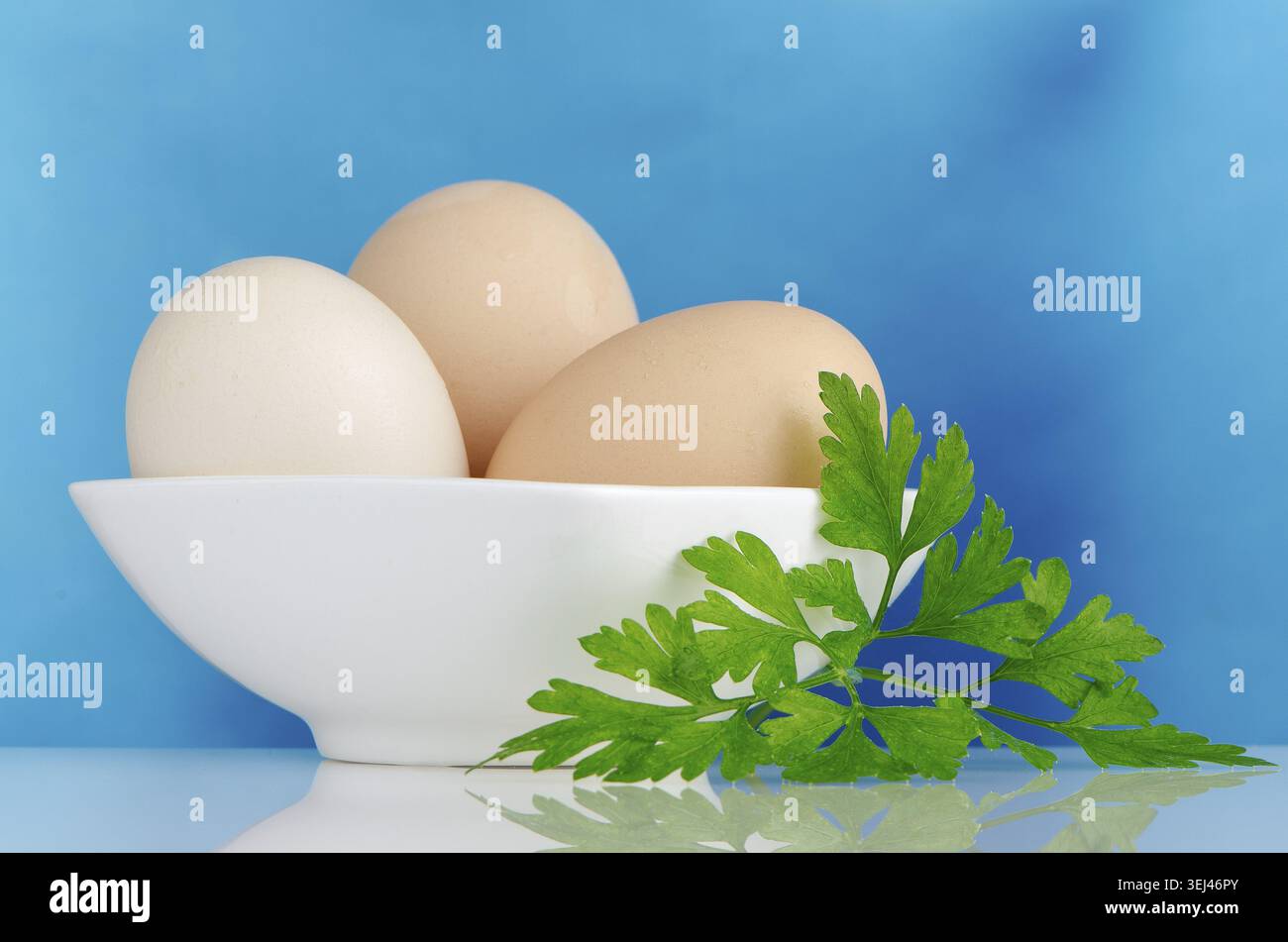 Eggs, Three eggs in the bowl on a blue background Stock Photo