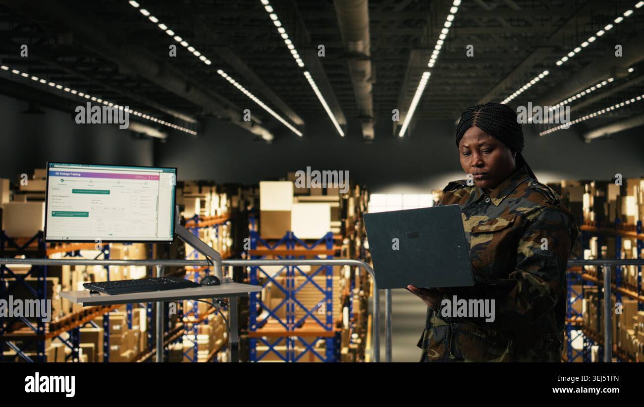 Female military personnel overseeing mission logistics for e-commerce ...