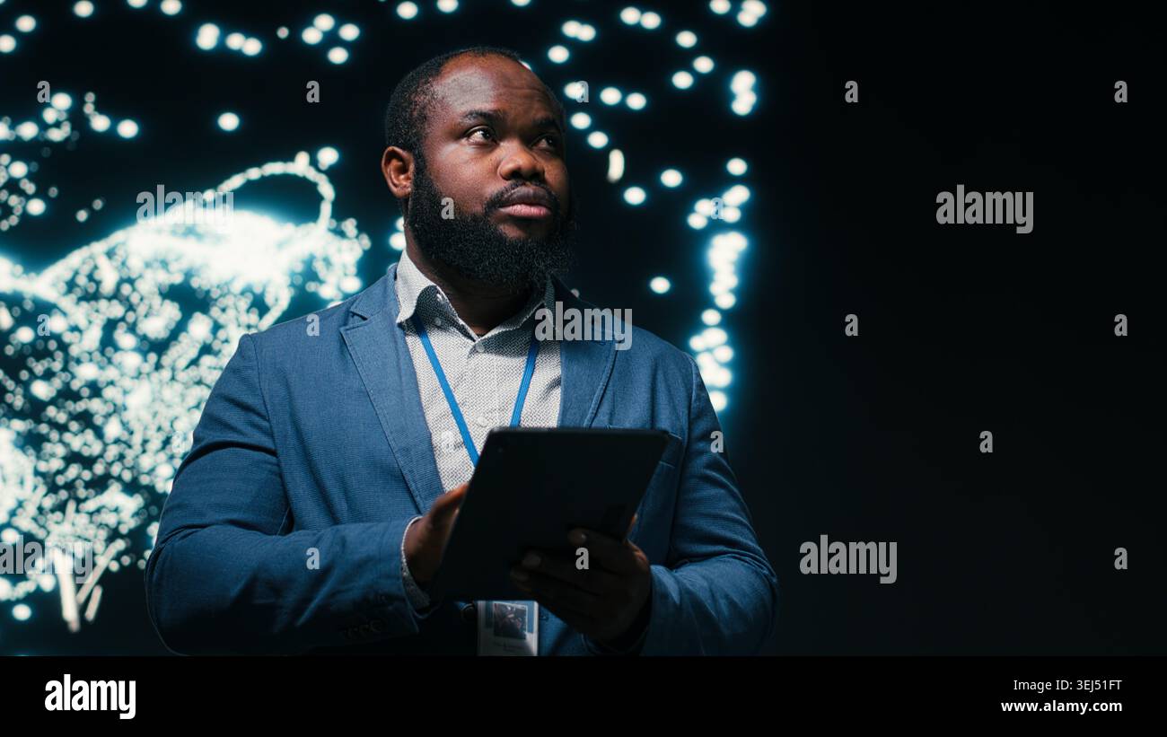 Optimizing neural network, tablet and computer scientist using AR simulation neurons map. Fine tuning AI model, device and African american man adjusting machine learning synaptic weights, camera B Stock Photo