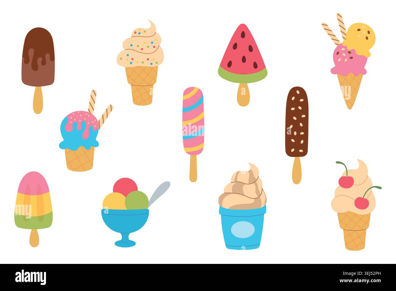 Collection of various colorful illustrations of ice cream. Designs of summer desserts. Vector images in a flat, hand-drawn style. Stock Vector