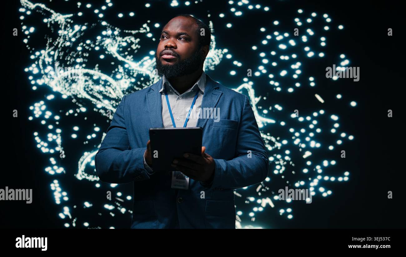 Optimizing neural network, tablet and computer scientist using AR simulation neurons map. Fine tuning AI model, device and African american man adjusting machine learning synaptic weights, camera A Stock Photo