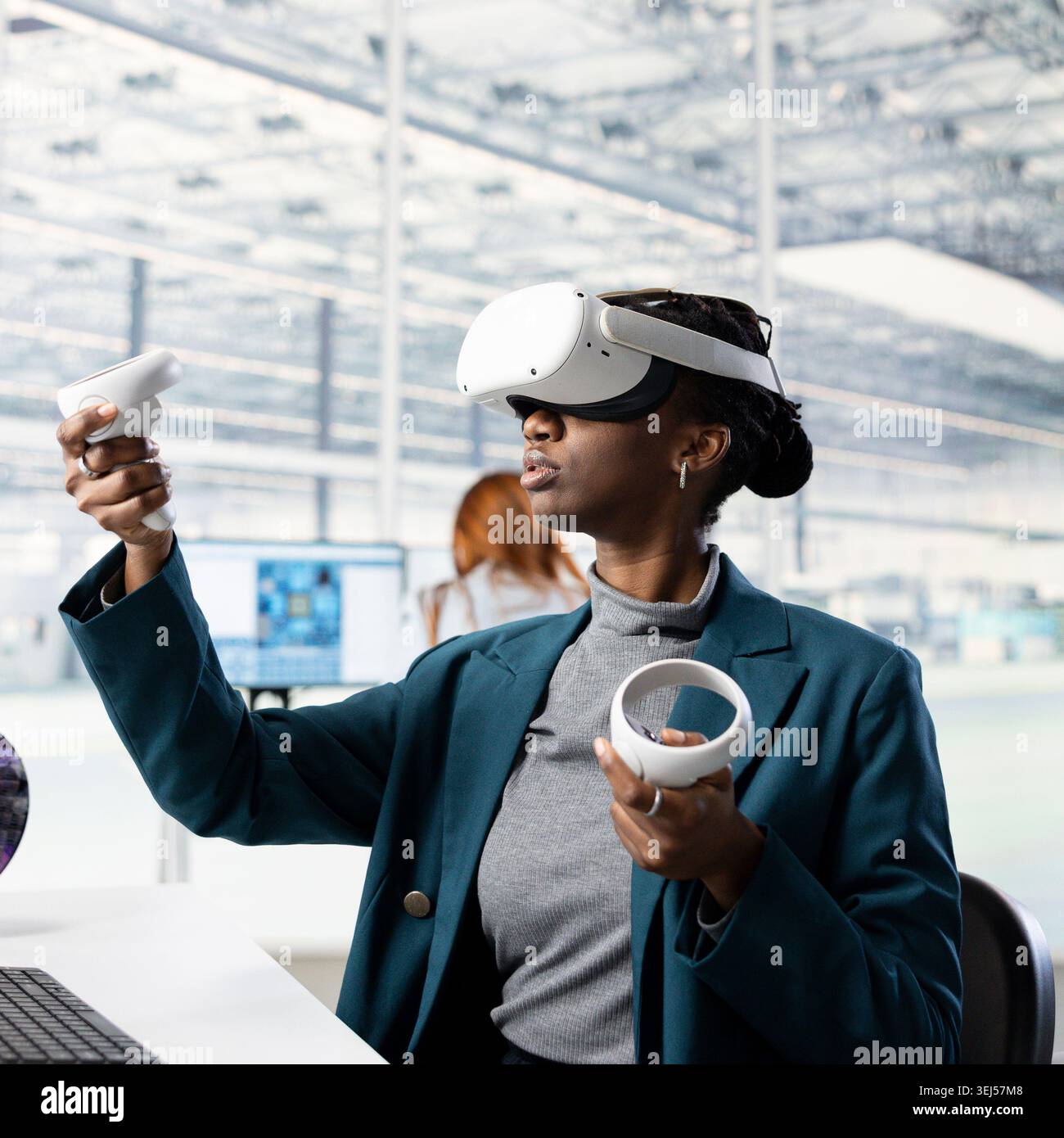 Woman using VR headset gear, analyzing PCB layout in RD office. Employee doing innovative study using virtual reality simulation, researching materials for nanotechnology development Stock Photo