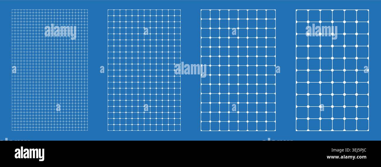 Blueprint grid set node circle geometry, four scale variations. Wide medium dense micro spacing comparison, engineering layouts dashboards notebook pages interface planning systems technology graphics Stock Vector