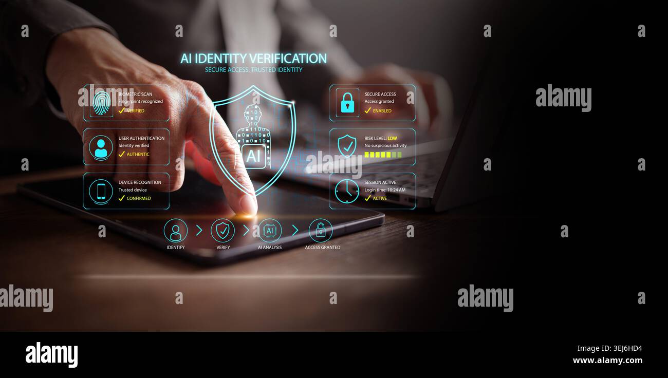 Businessman using tablet with AI identity verification interface. Biometric authentication, secure access, cybersecurity, digital identity, encrypted Stock Photo