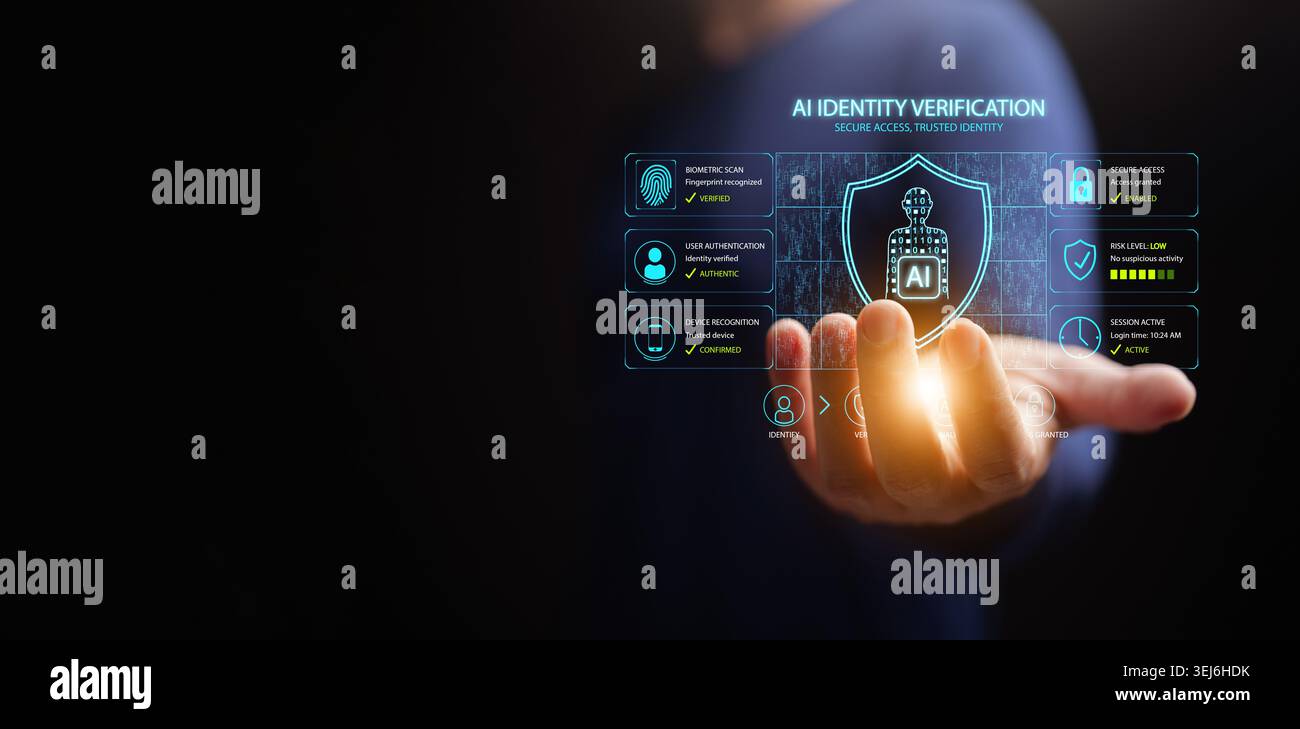 Businessman holding AI identity verification interface with biometric authentication and secure access controls. Cybersecurity, digital identity, data Stock Photo
