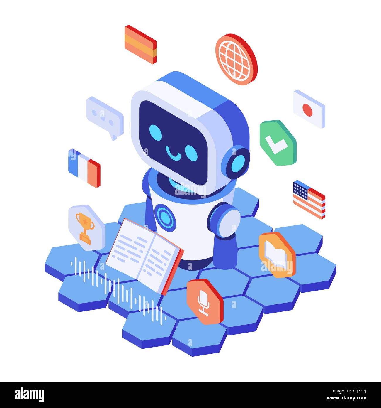 Isometric AI Language Learning Chatbot with Multilingual Learning Platform. AI Language Learning Concept Stock Vector