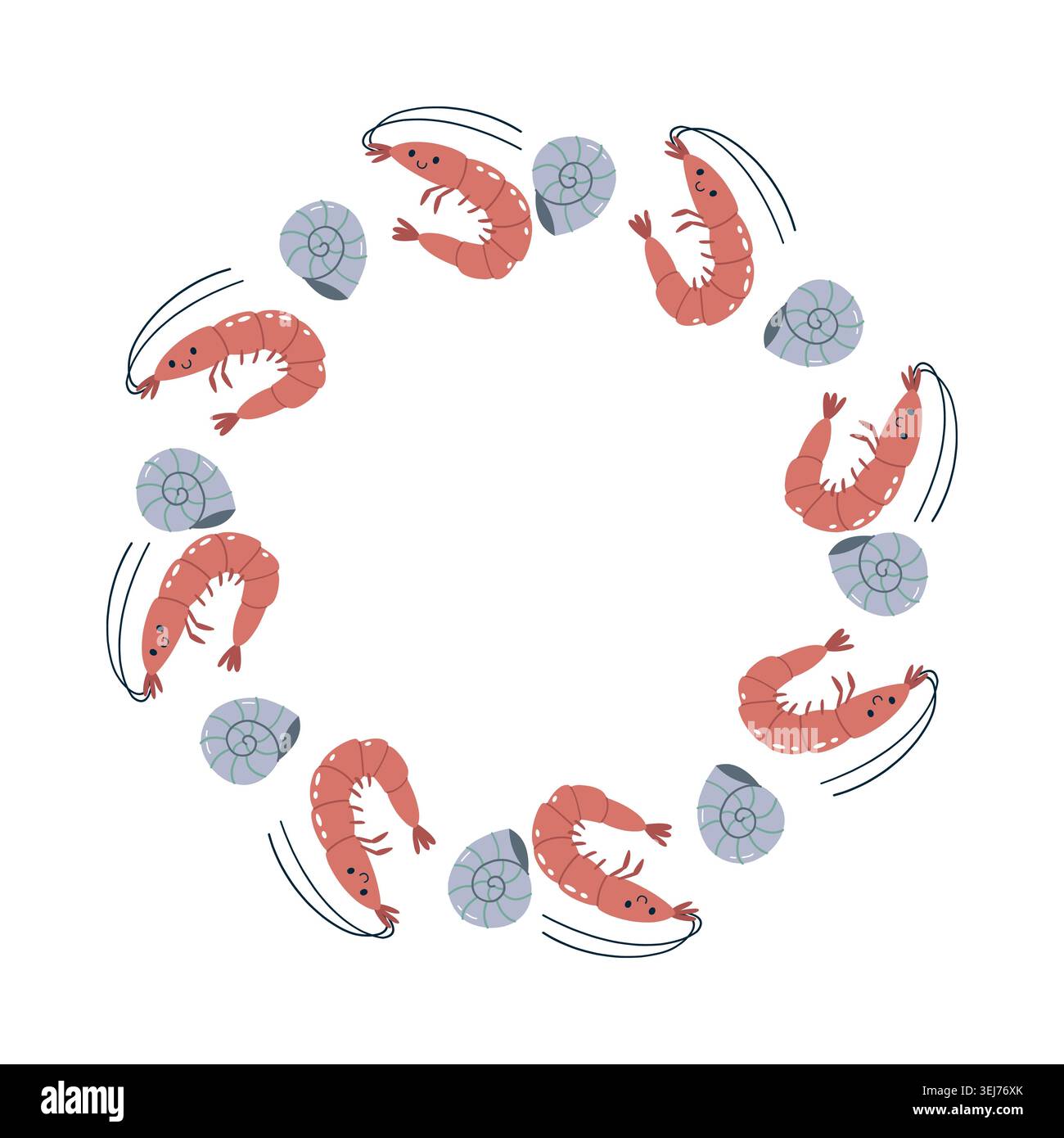 Cute Shrimp and Seashell Round Frame Vector Illustration Stock Vector