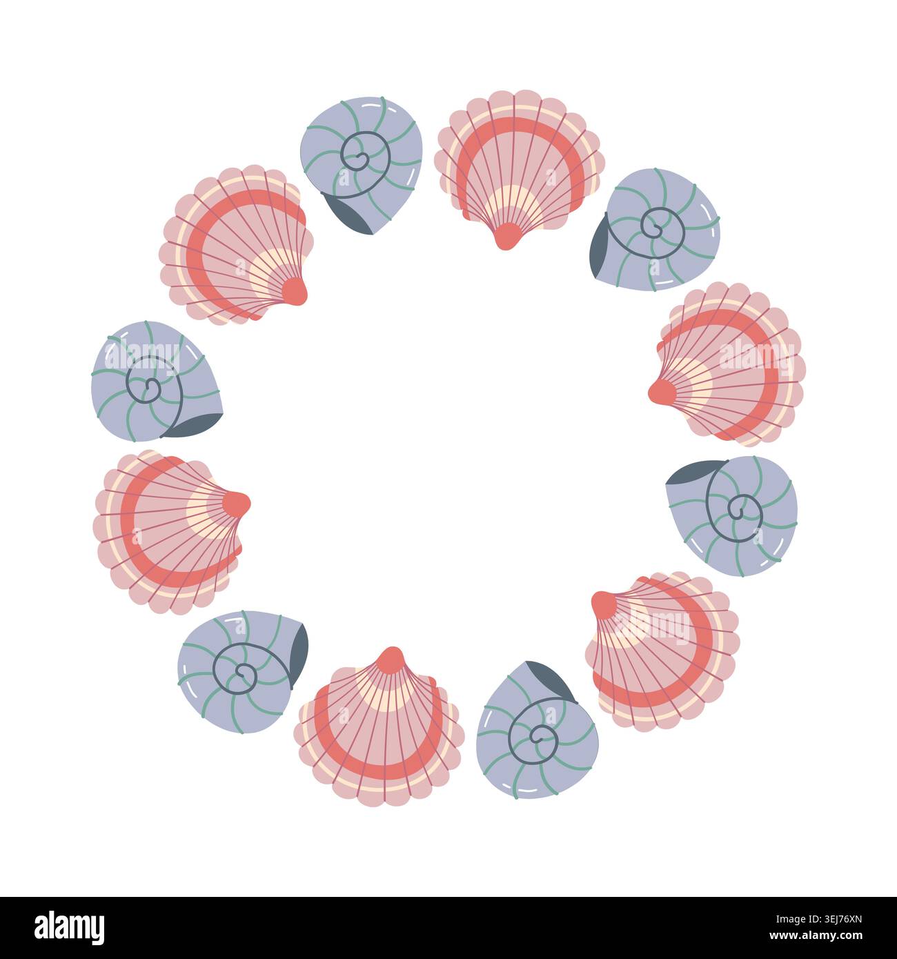 Sea Shell Wreath Round Vector Frame with Scallops Stock Vector