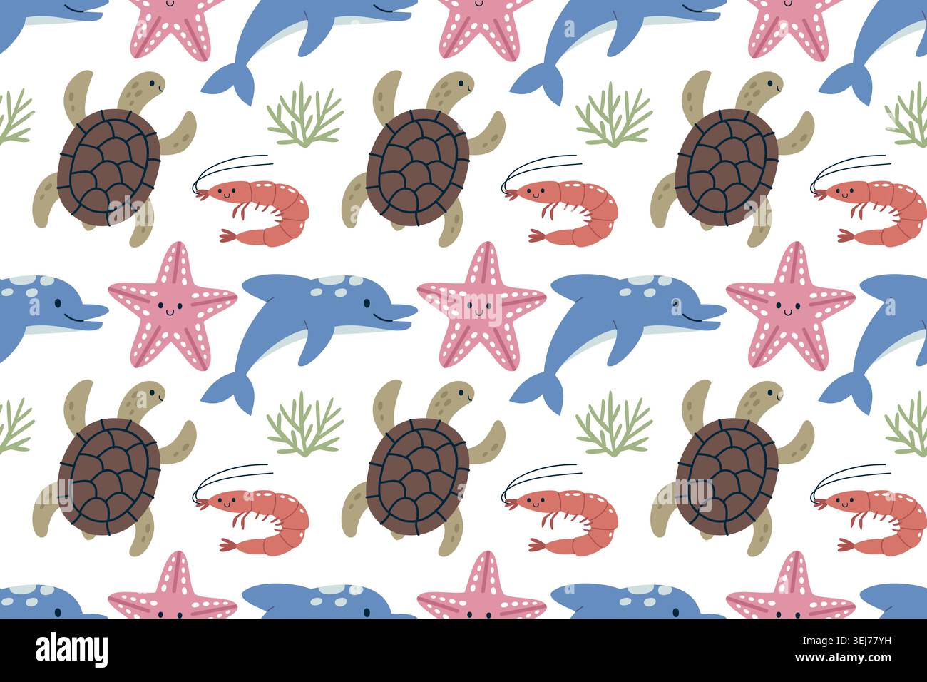Cute Marine Life Seamless Pattern Vector illustration Stock Vector