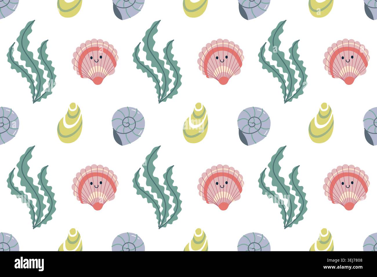 Cute Seashells and Seaweed Seamless Pattern Vector illustration Stock Vector