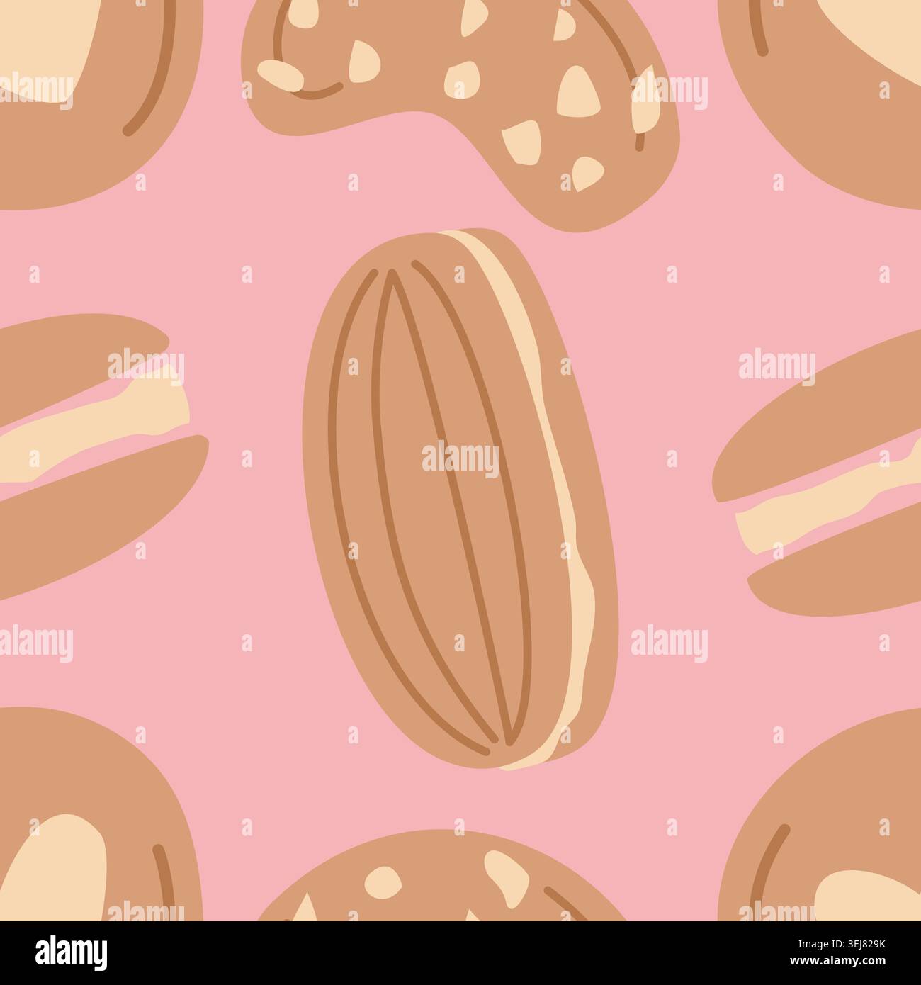 Sweet Cookie Seamless Pattern with Cute Flat Vector Pastries on Pink Background Stock Vector