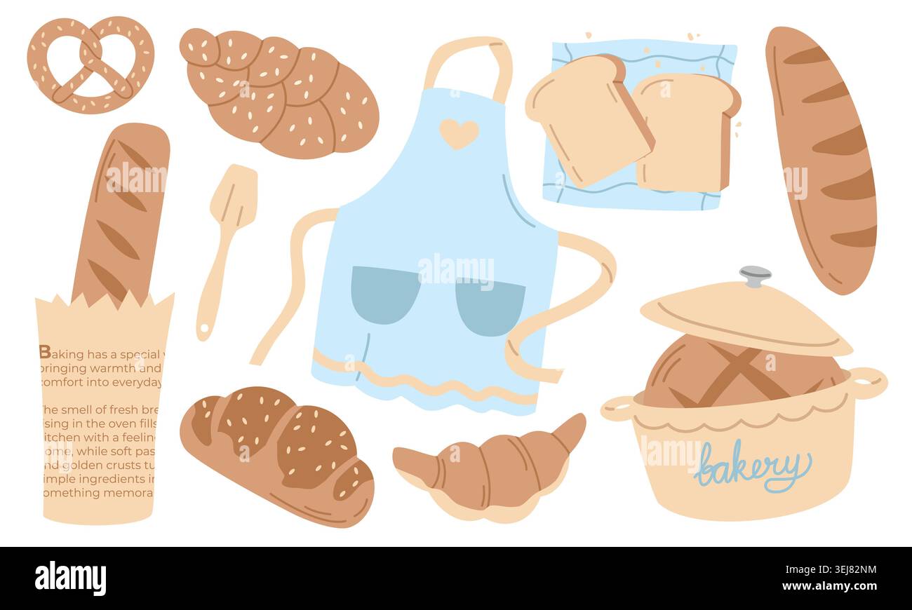 Bakery Vector Set with Fresh Bread, Kitchen Apron and Baking Tools Isolated on White Stock Vector