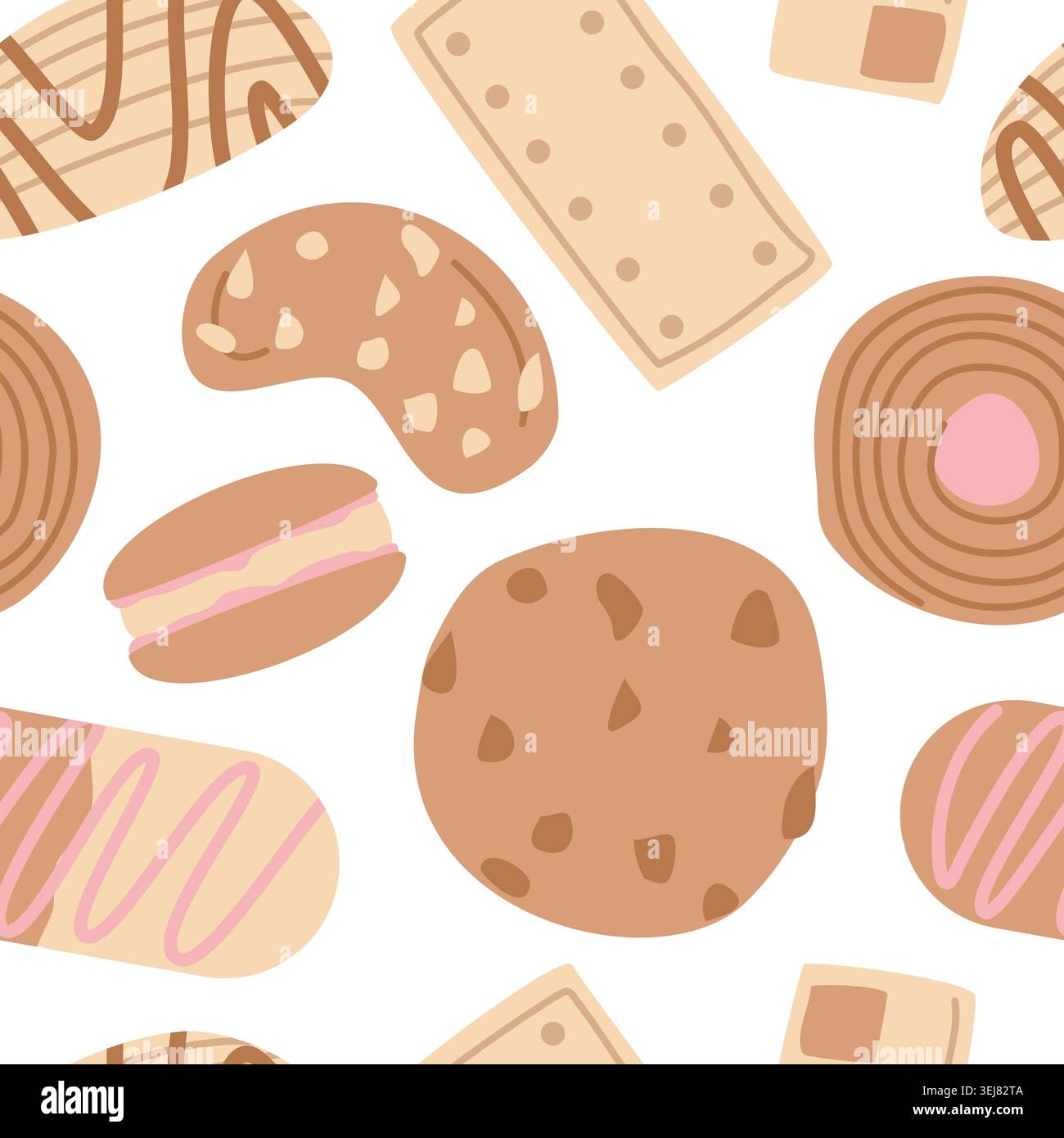 Sweet Cookie Seamless Pattern with Cute Flat Vector Biscuits on White Background Stock Vector