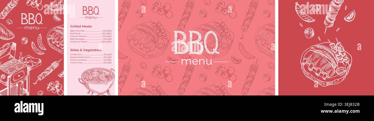 BBQ Menu Template and Barbecue Sketch Elements Banner Set Stock Vector