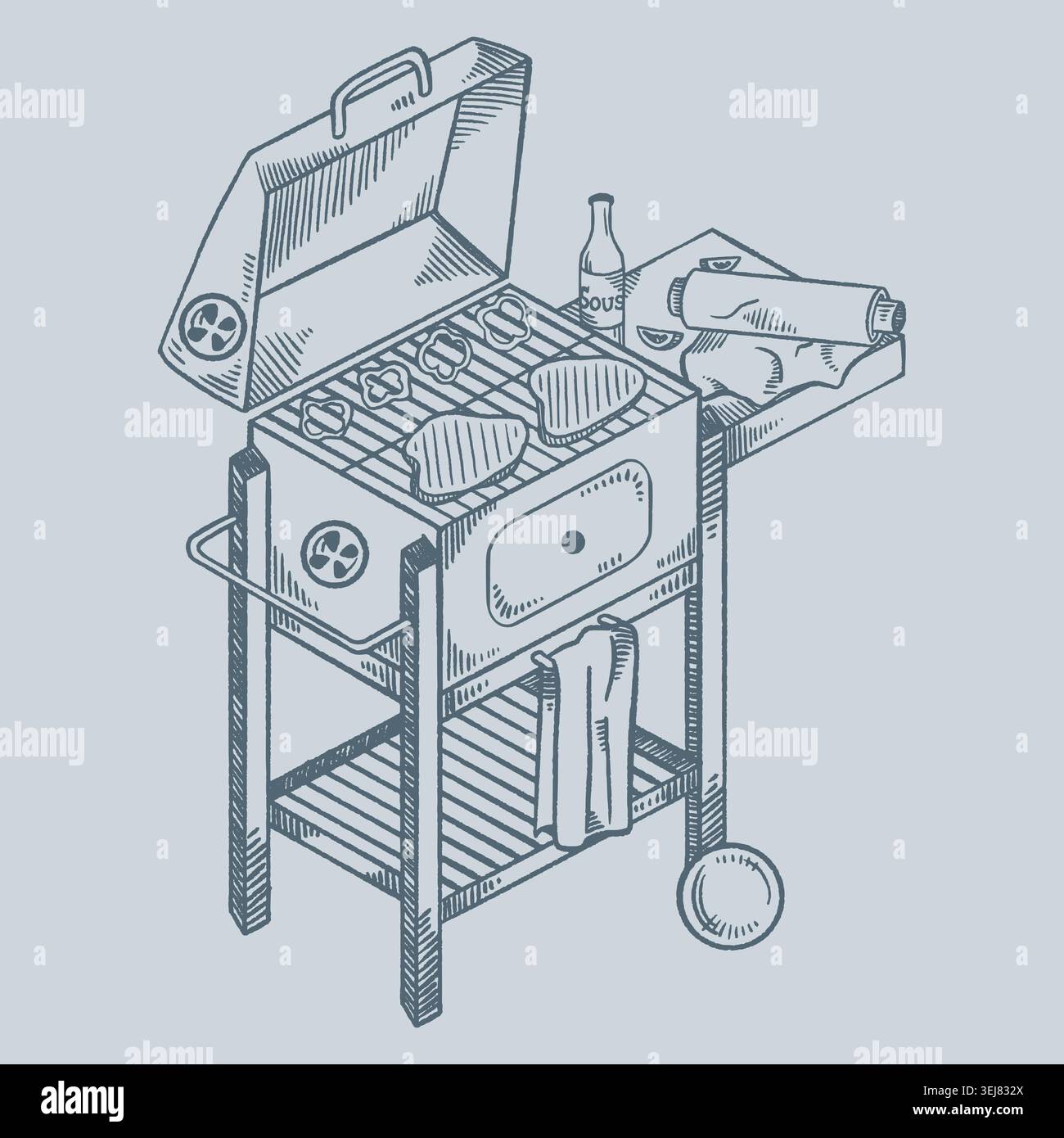 Vintage BBQ Grill Hand Drawn Illustration Vector Stock Vector