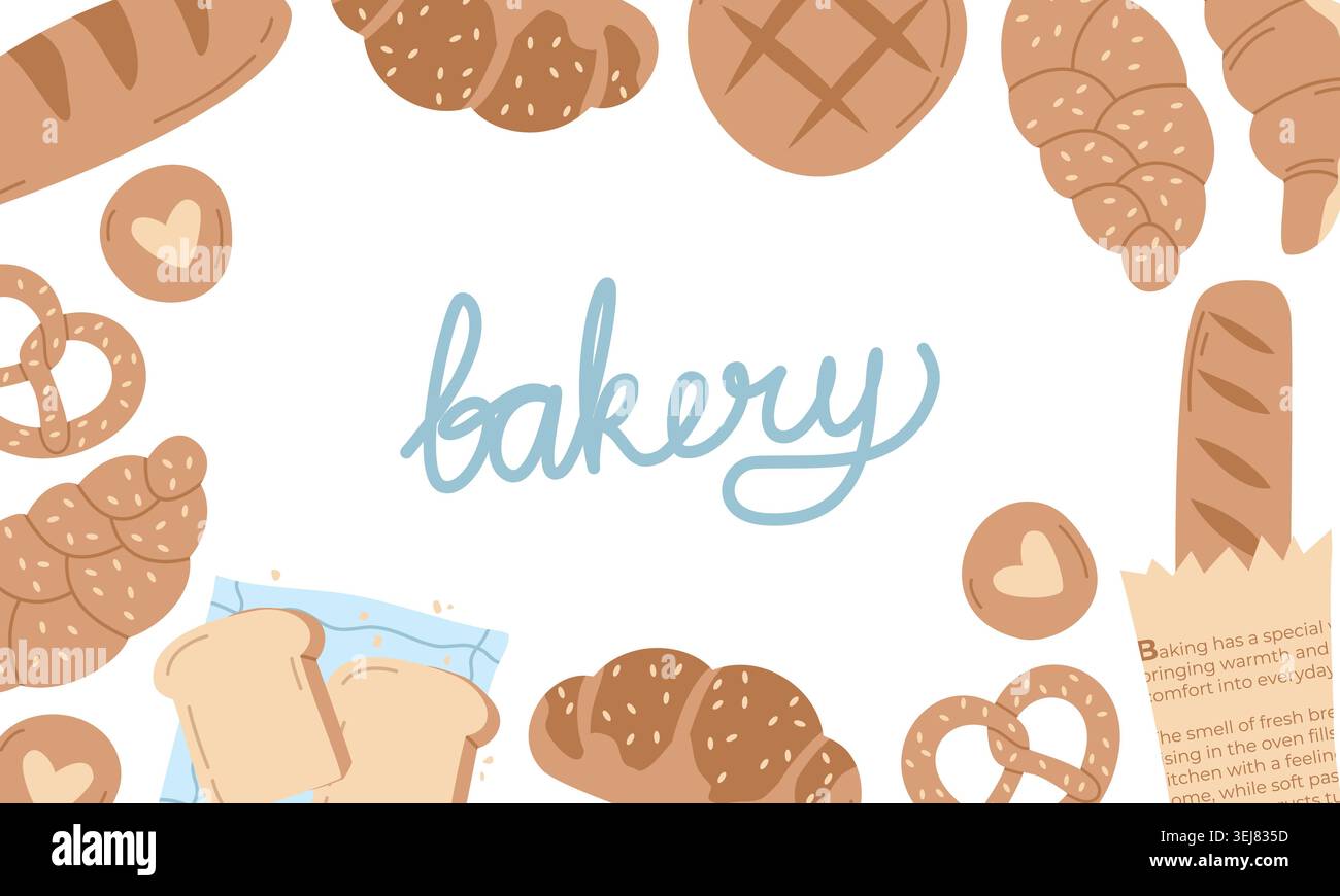 Bakery Background Template with Hand Drawn Bread Frame and Lettering Text Stock Vector