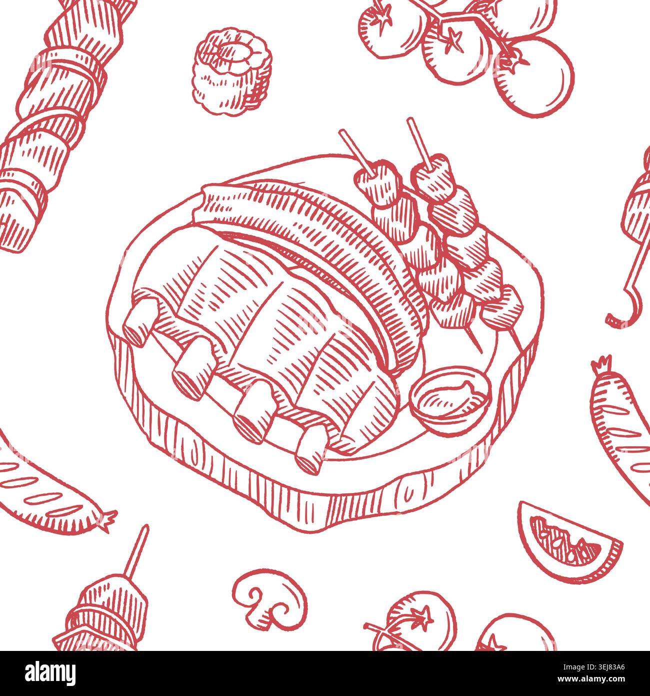 Vintage BBQ Food Seamless Pattern Hand Drawn Vector Illustration Stock Vector