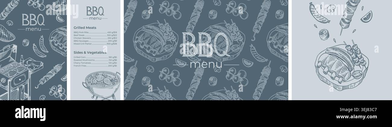 BBQ Menu Template Design and Barbecue Sketch Elements on Slate Blue Background Stock Vector