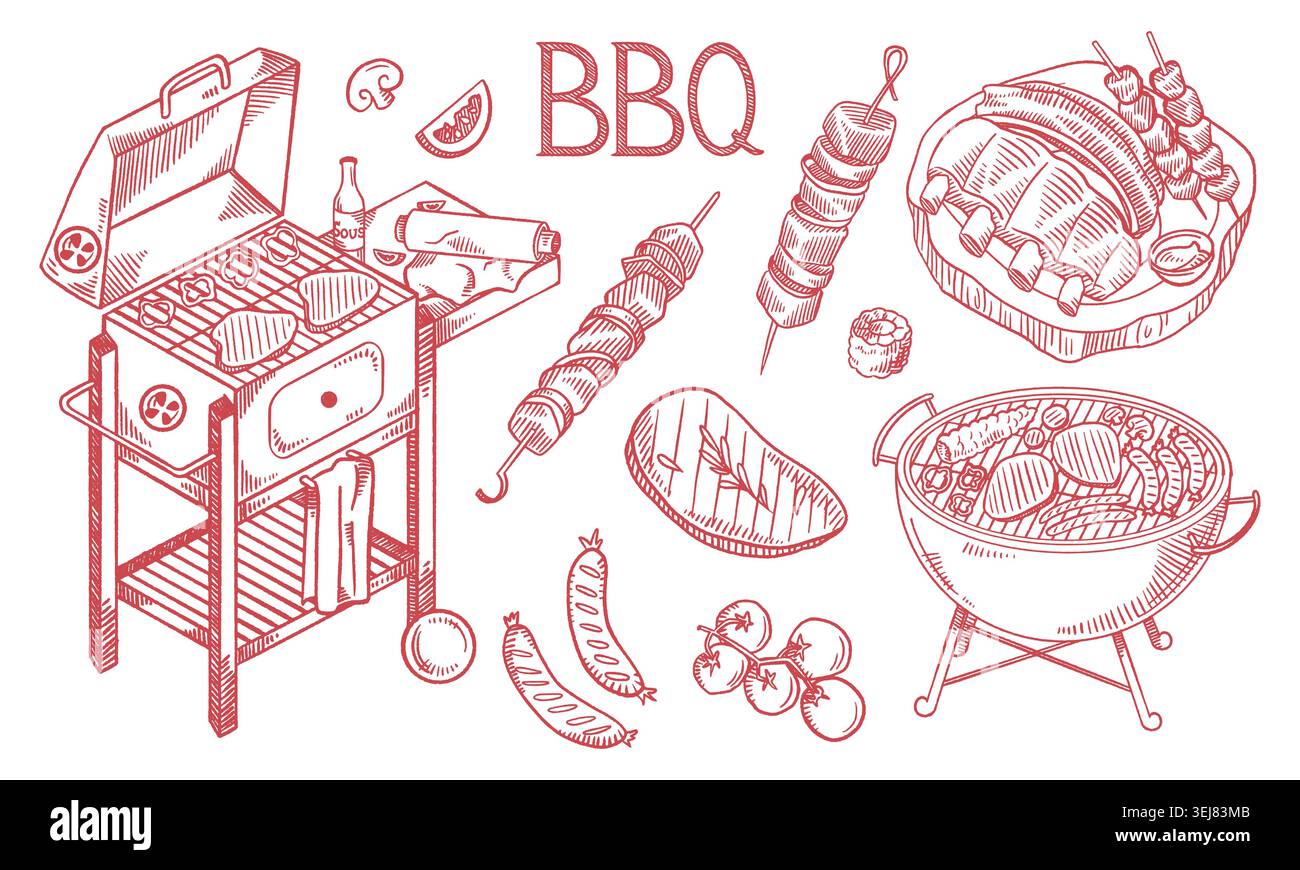 Hand Drawn BBQ Grill Set Vector Illustration Collection Stock Vector